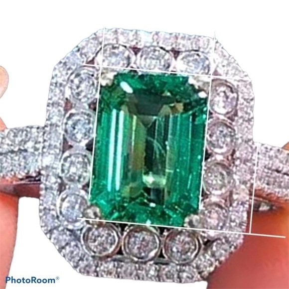 Vintage style Green Emerald princess cut silver  ring Sz 9 - Picture 3 of 9